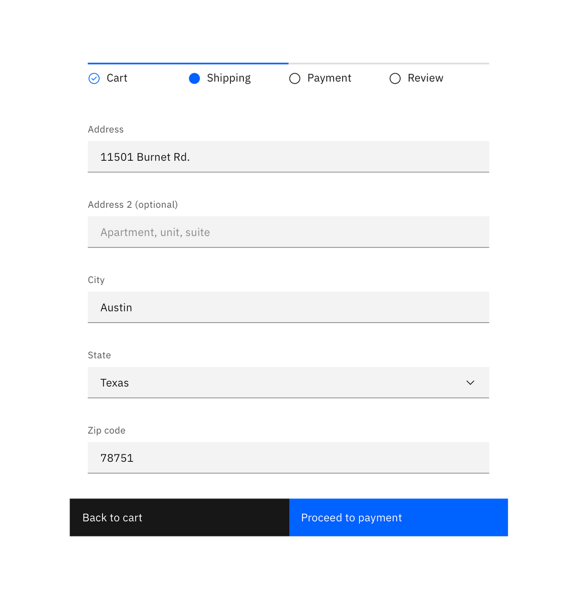 Example of the progress indicator in a payment UI